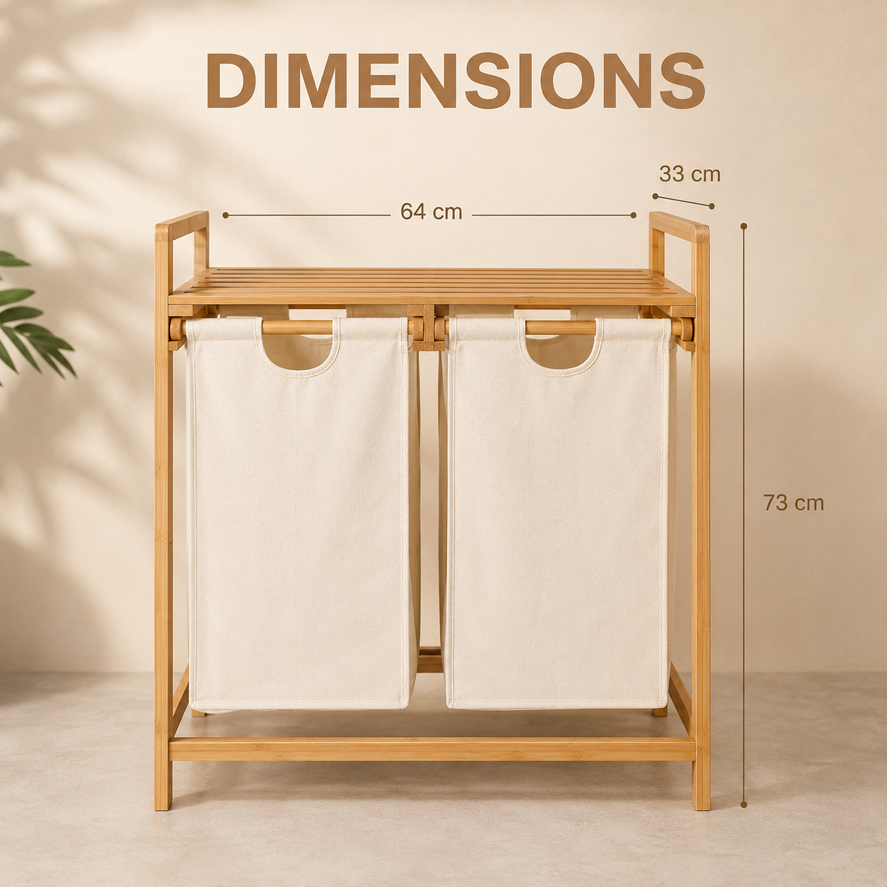 Panier a linge sur pied bambou - 2 Paniers a linge sale - Tissu Blanc - Corbeilles a linge - Salle de bain - 64x33x73cm