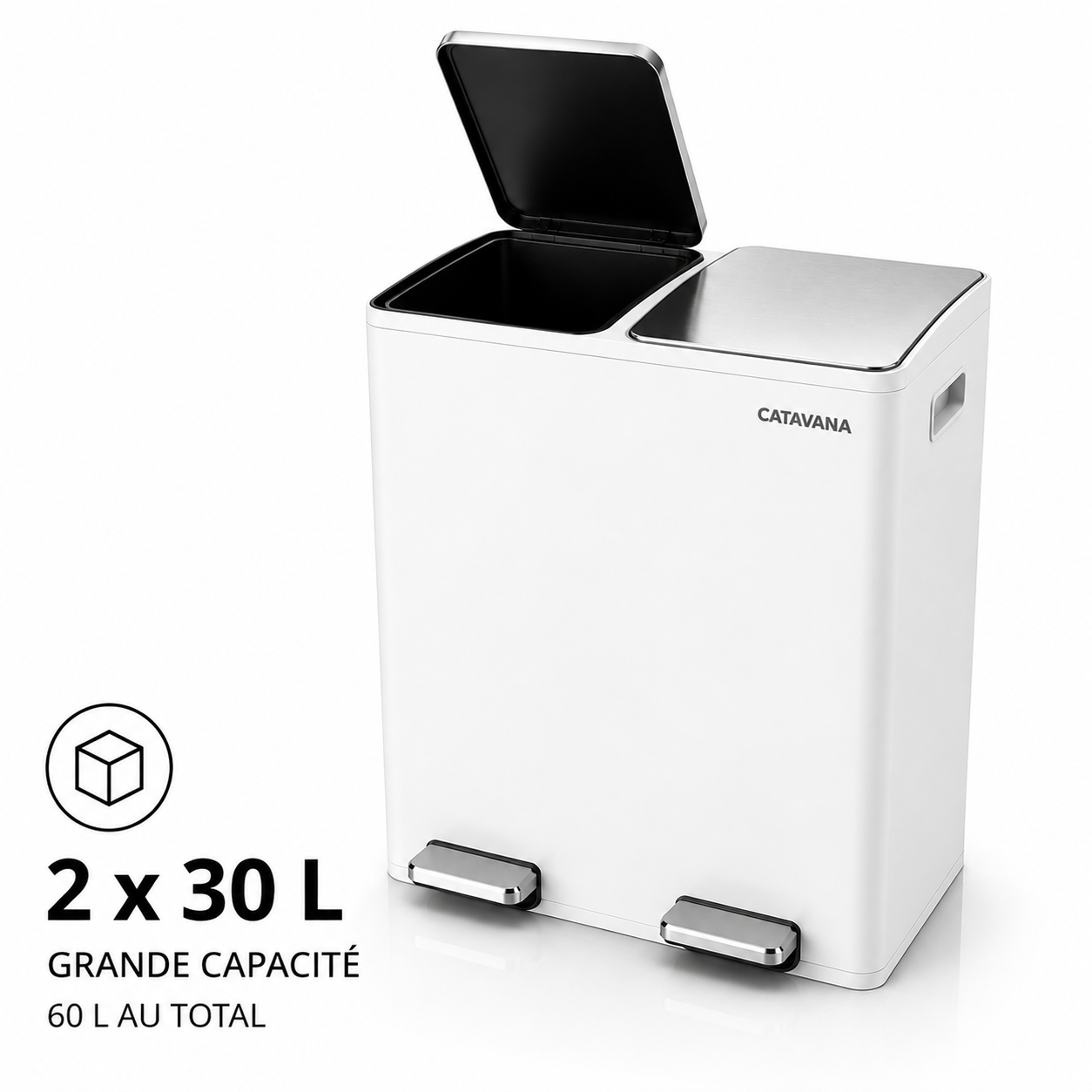 Poubelle Double Compartiment 2 x 30L, Pédales Métal, 2 Seaux Plastique, Fermeture Douceur, Hermétique