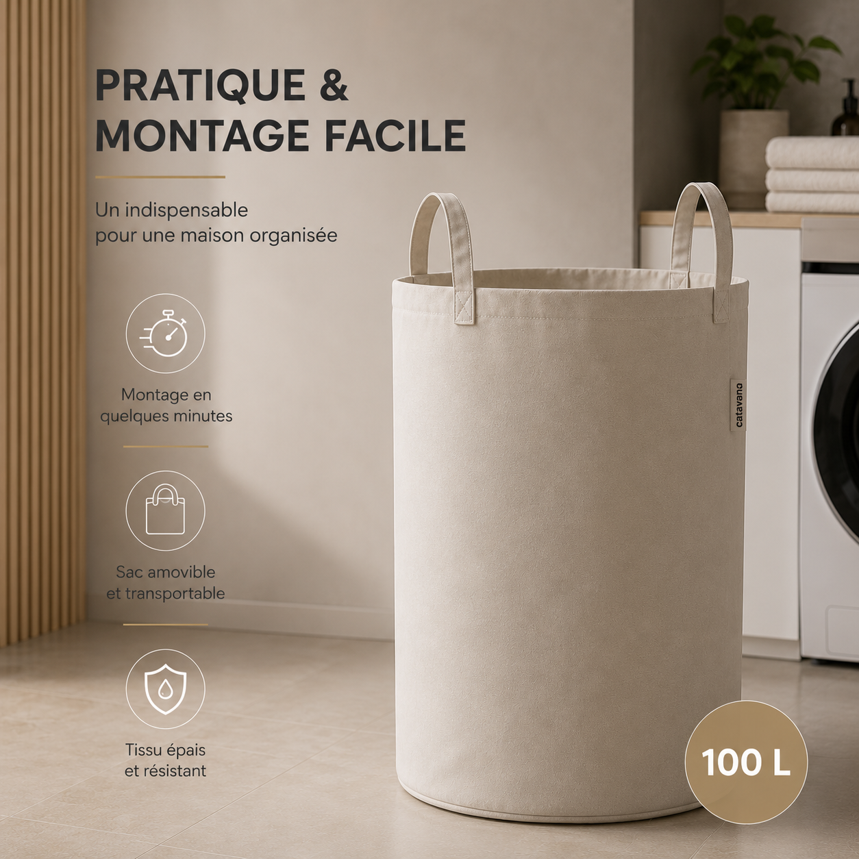 Panier à Linge en Bambou Beige avec Couvercle – Corbeille à Linge 100 L avec Sac et Poignées