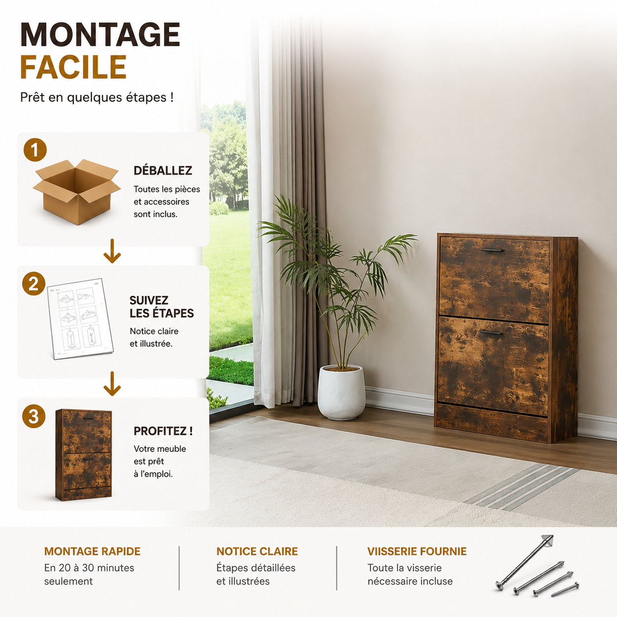 Meuble à Chaussures 12 Paires 2 Abattants – Armoire Étroite 24 cm Gain de Place – Meuble Entrée Bois Rustique 60x24x80 cm