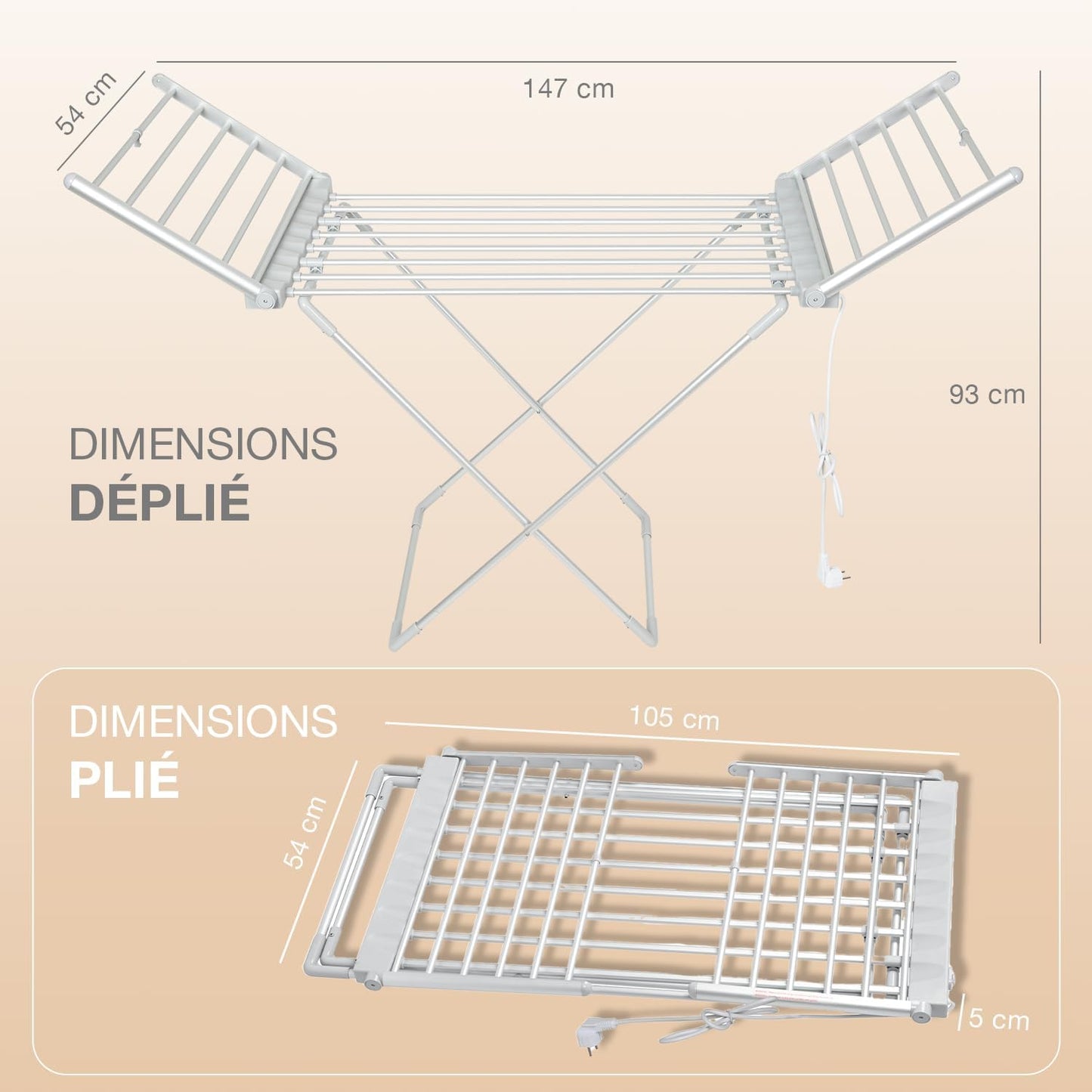 Séchoir Électrique XXL 1,6m - 230W - Température 45-55°C - Séchage Rapide Jusqu'à 15kg - Câble 1,4m - Idéal pour Intérieur