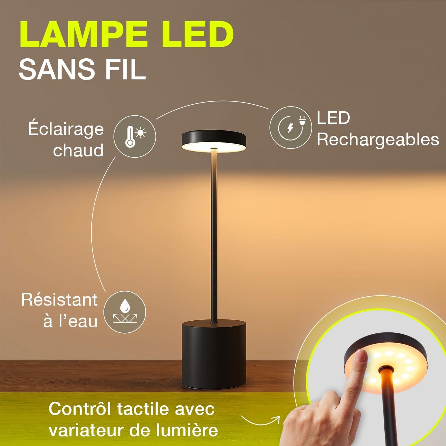 Lampe de Table LED Sans Fil Rechargeable Design Minimaliste – Tactile Variateur USB-C IP44 Métal