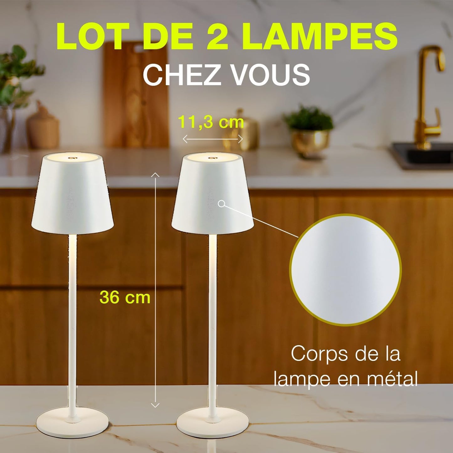 Lampe de Table LED Sans Fil Rechargeable – Tactile Variateur USB-C IP44 Intérieur Extérieur Métal