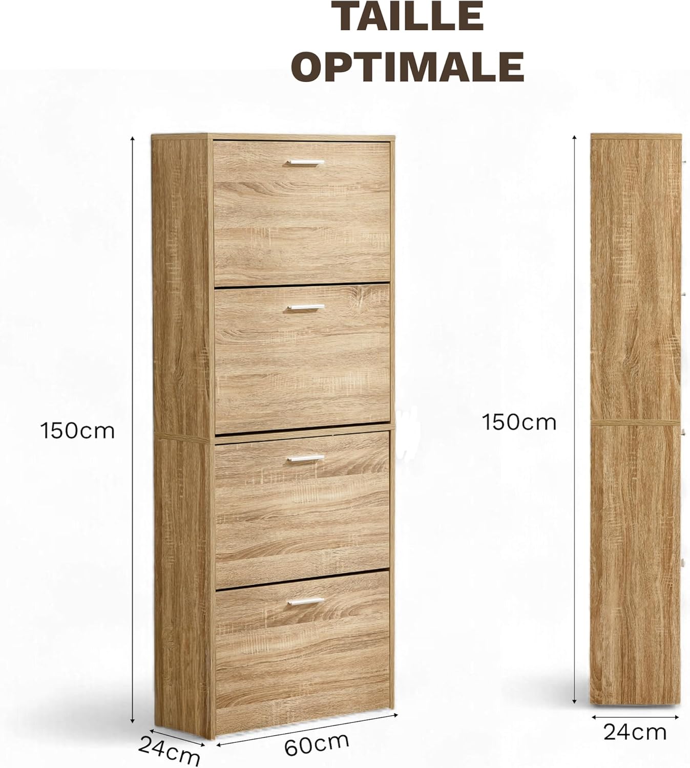 Meuble à Chaussures 24 Paires 4 Abattants – Armoire Étroite 24 cm Gain de Place – Meuble Entrée Bois clair 60x24x150 cm