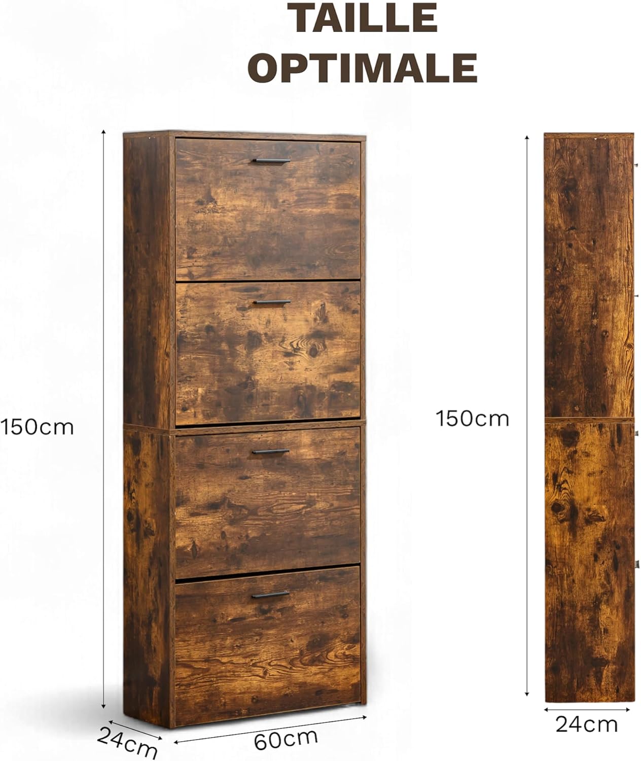 Meuble à Chaussures 24 Paires 4 Abattants – Armoire Étroite 24 cm Gain de Place – Meuble Entrée Bois Rustique 60x24x150 cm