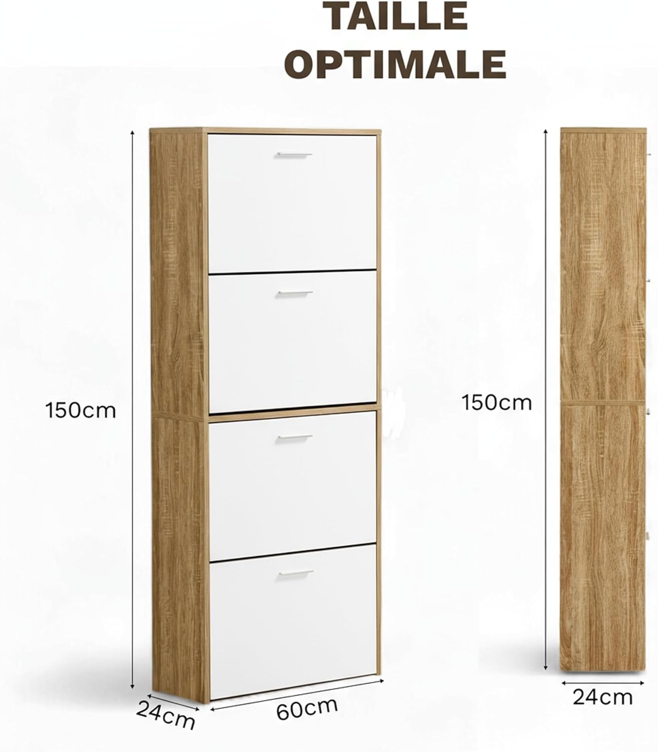 Meuble à Chaussures 24 Paires 4 Abattants – Armoire Étroite 24 cm Gain de Place – Meuble Entrée Blanc Bois 60x24x150 cm