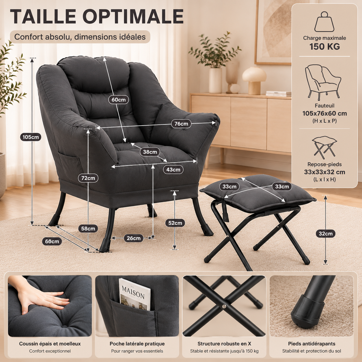 Fauteuil Design Velours avec Repose-Pieds – Confort et Structure Robuste – Fauteuil 75x70x104 cm, Tabouret 34x34x32 cm