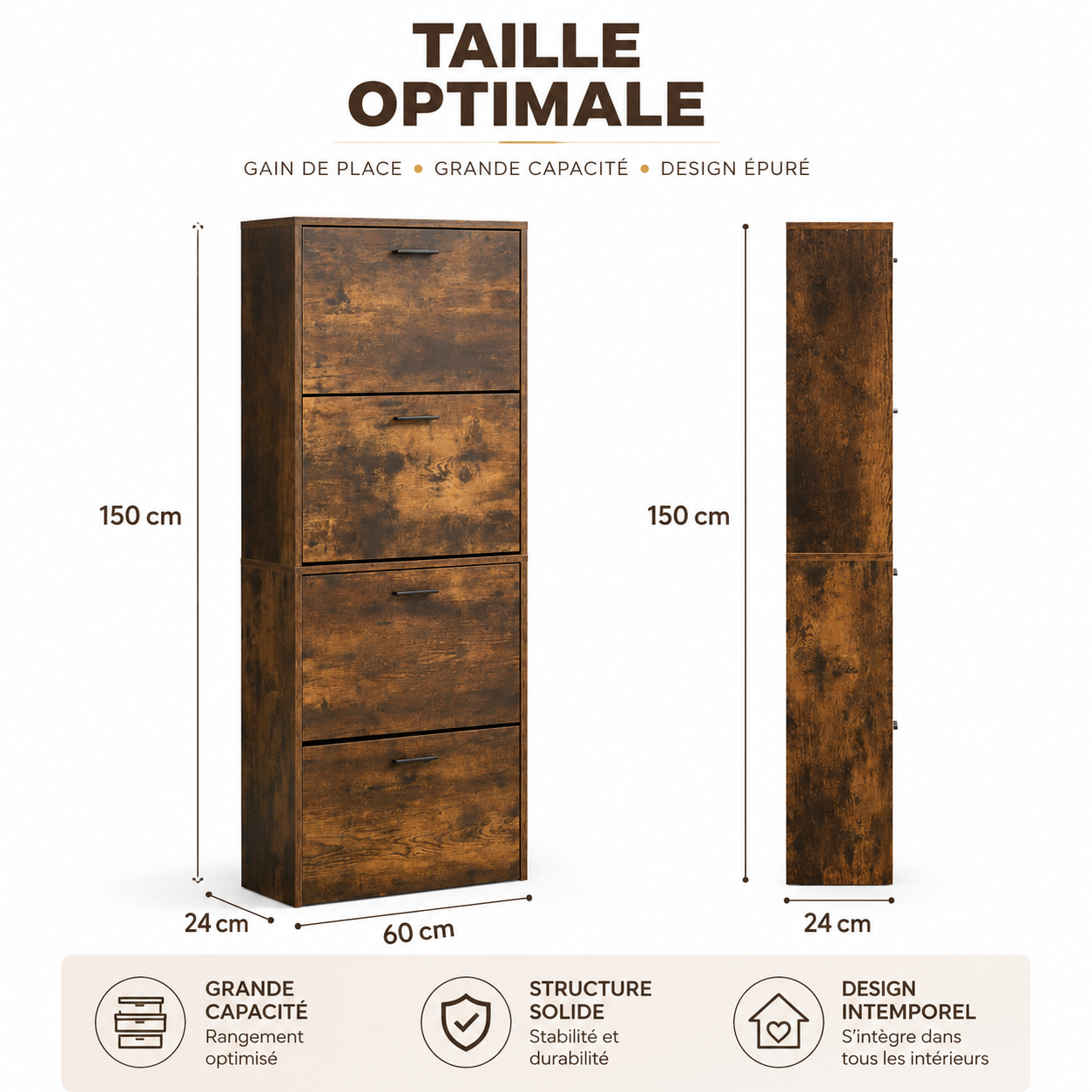 Meuble à Chaussures 24 Paires 4 Abattants – Armoire Étroite 24 cm Gain de Place – Meuble Entrée Bois Rustique 60x24x150 cm