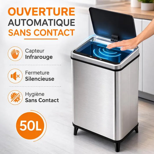 Poubelle Automatique 50L Inox Cuisine – Capteur Infrarouge Sans Contact, Fermeture Silencieuse, Anti-Traces, Réglable