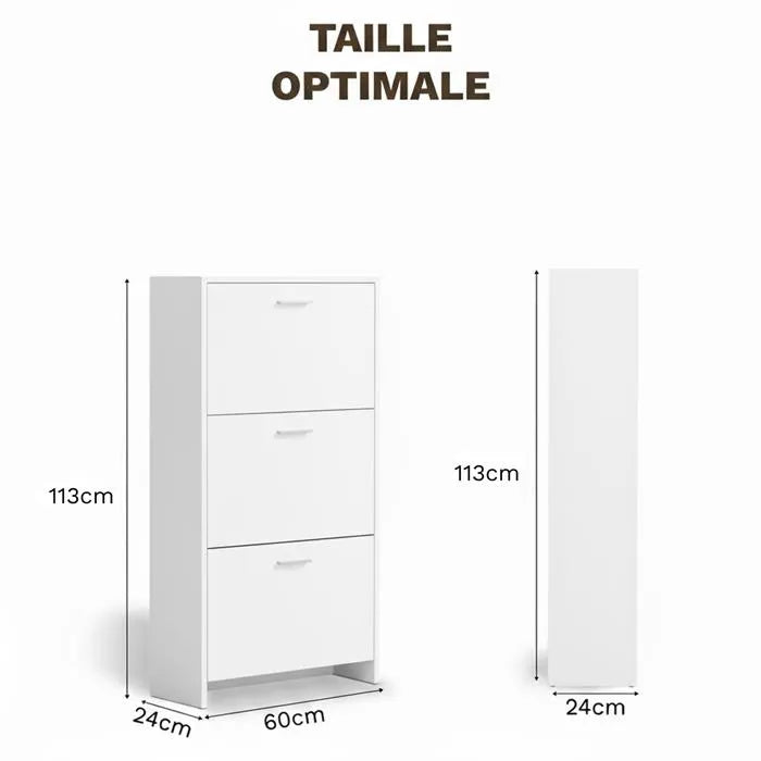 Meuble de Rangement à Chaussures - 18 Paires - 3 abattants - Dimensions : L60xP24x1130 cm - Blanc