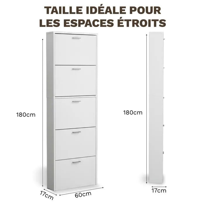 Meuble de Rangement à Chaussures - 15 Paires - 5 abattants - L60xP24xH180 cm - Blanc