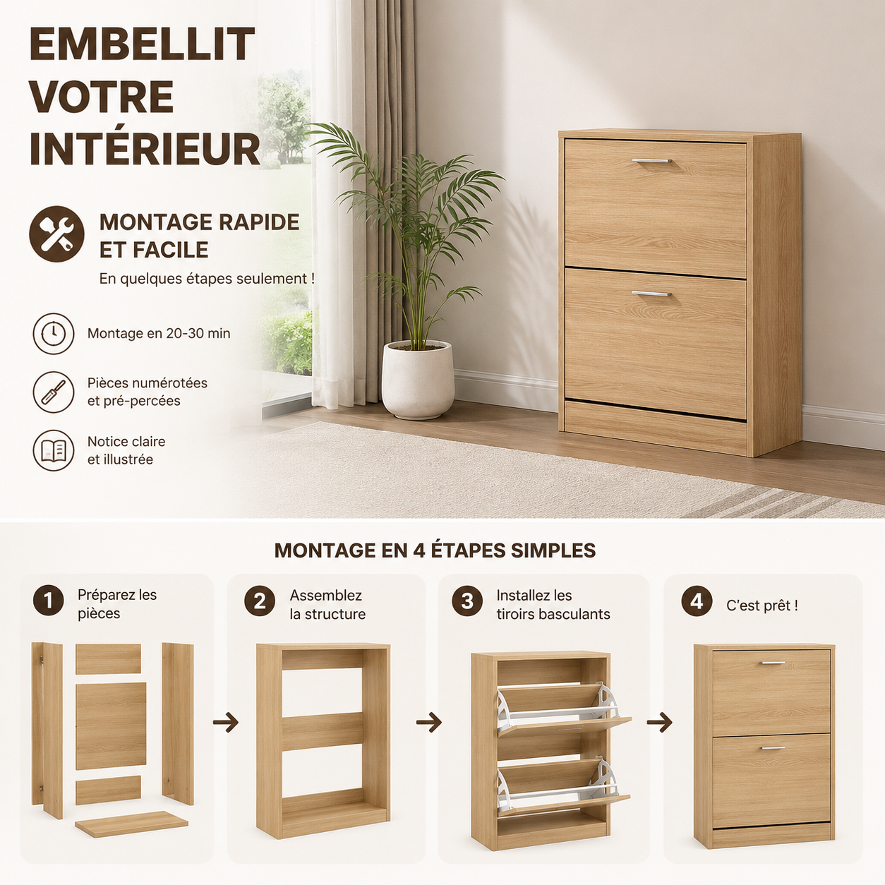 Meuble à Chaussures 12 Paires 2 Abattants – Armoire Étroite 24 cm Gain de Place – Meuble Entrée Bois clair 60x24x80 cm