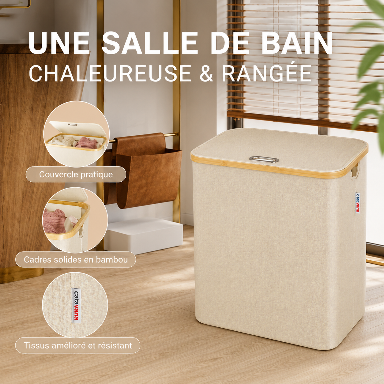 Panier à Linge en Bambou Beige avec Couvercle – Corbeille à Linge 100 L avec Sac et Poignées