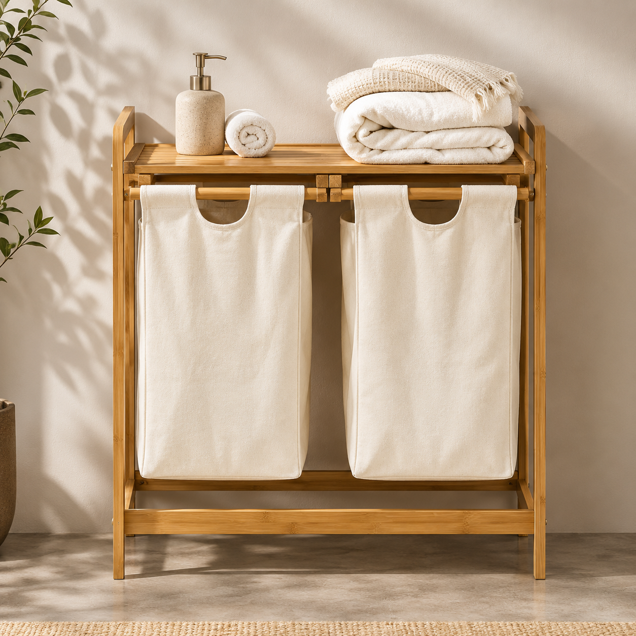 Panier a linge sur pied bambou - 2 Paniers a linge sale - Tissu Blanc - Corbeilles a linge - Salle de bain - 64x33x73cm