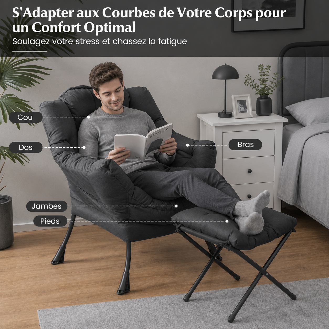 Fauteuil Design Velours avec Repose-Pieds – Confort et Structure Robuste – Fauteuil 75x70x104 cm, Tabouret 34x34x32 cm