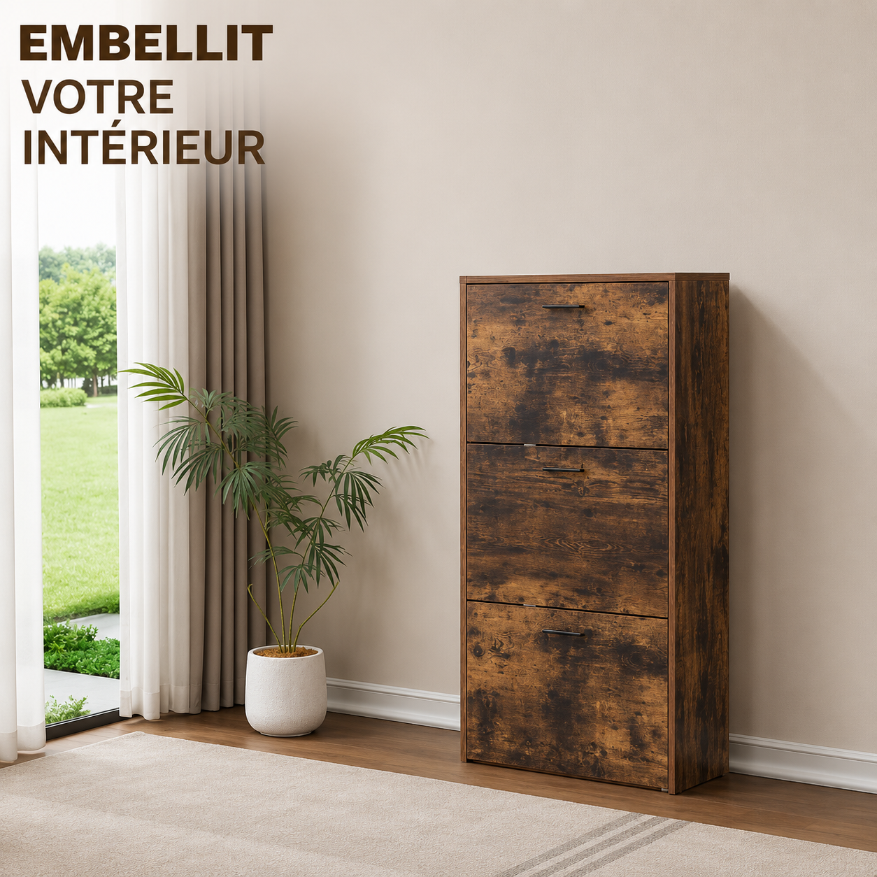 Meuble de Rangement à Chaussures - 18 Paires - 3 abattants - Dimensions : L60xP24xH80 cm - Couleur Rustique