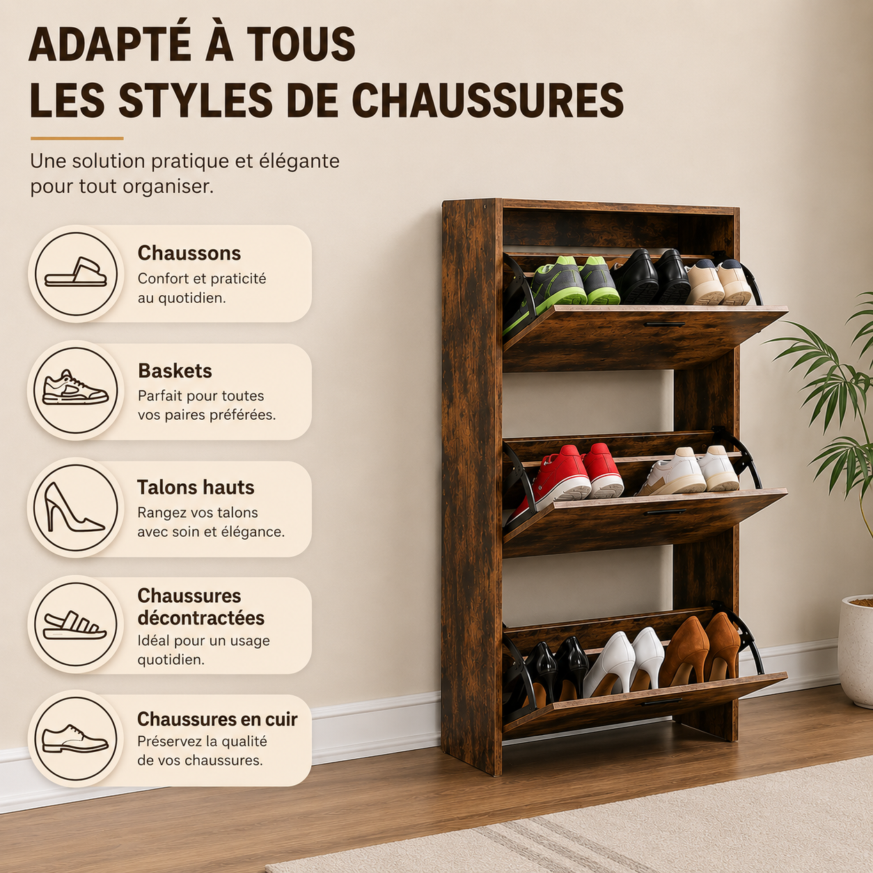 Meuble de Rangement à Chaussures - 18 Paires - 3 abattants - Dimensions : L60xP24xH80 cm - Couleur Rustique