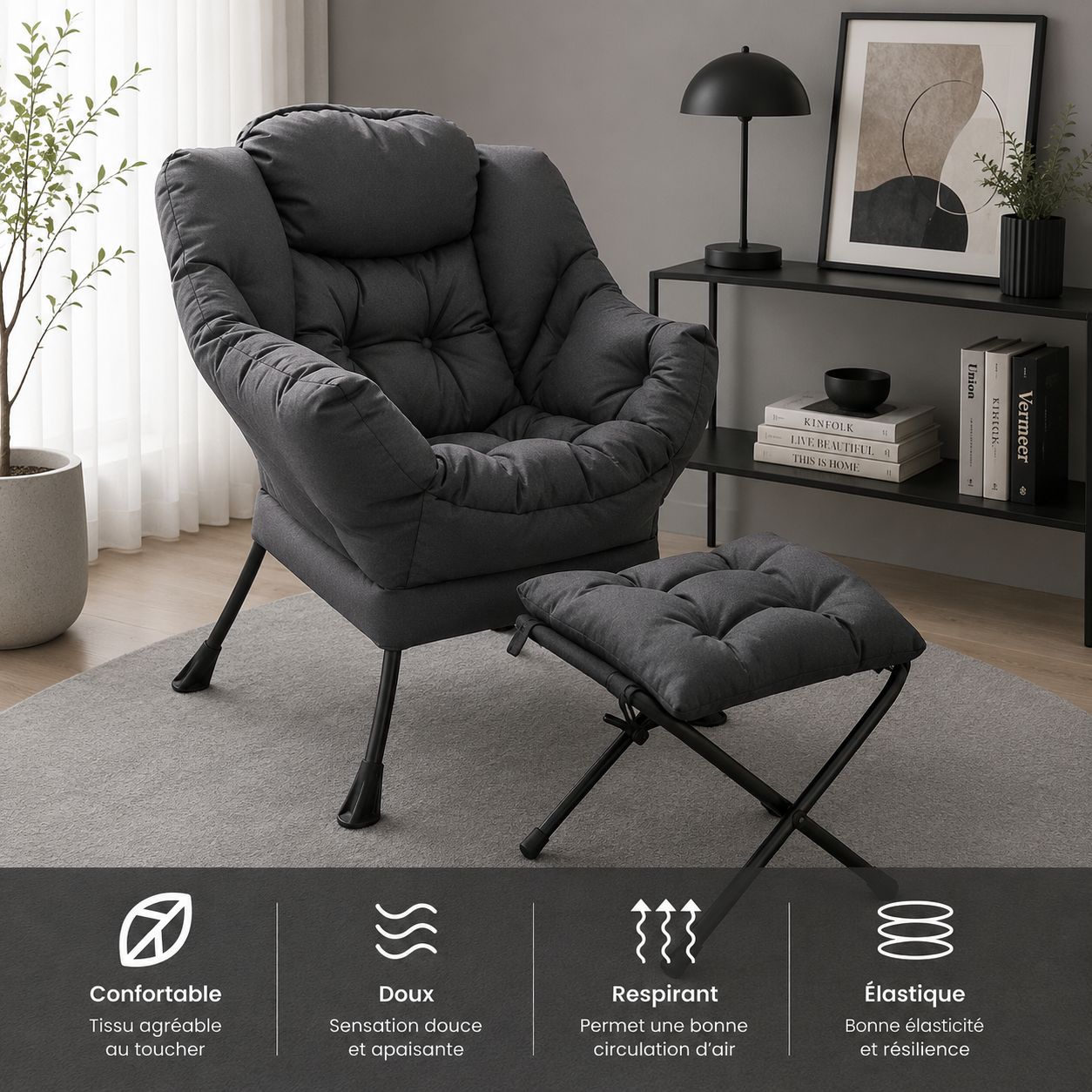 Fauteuil Design Velours avec Repose-Pieds – Confort et Structure Robuste – Fauteuil 75x70x104 cm, Tabouret 34x34x32 cm