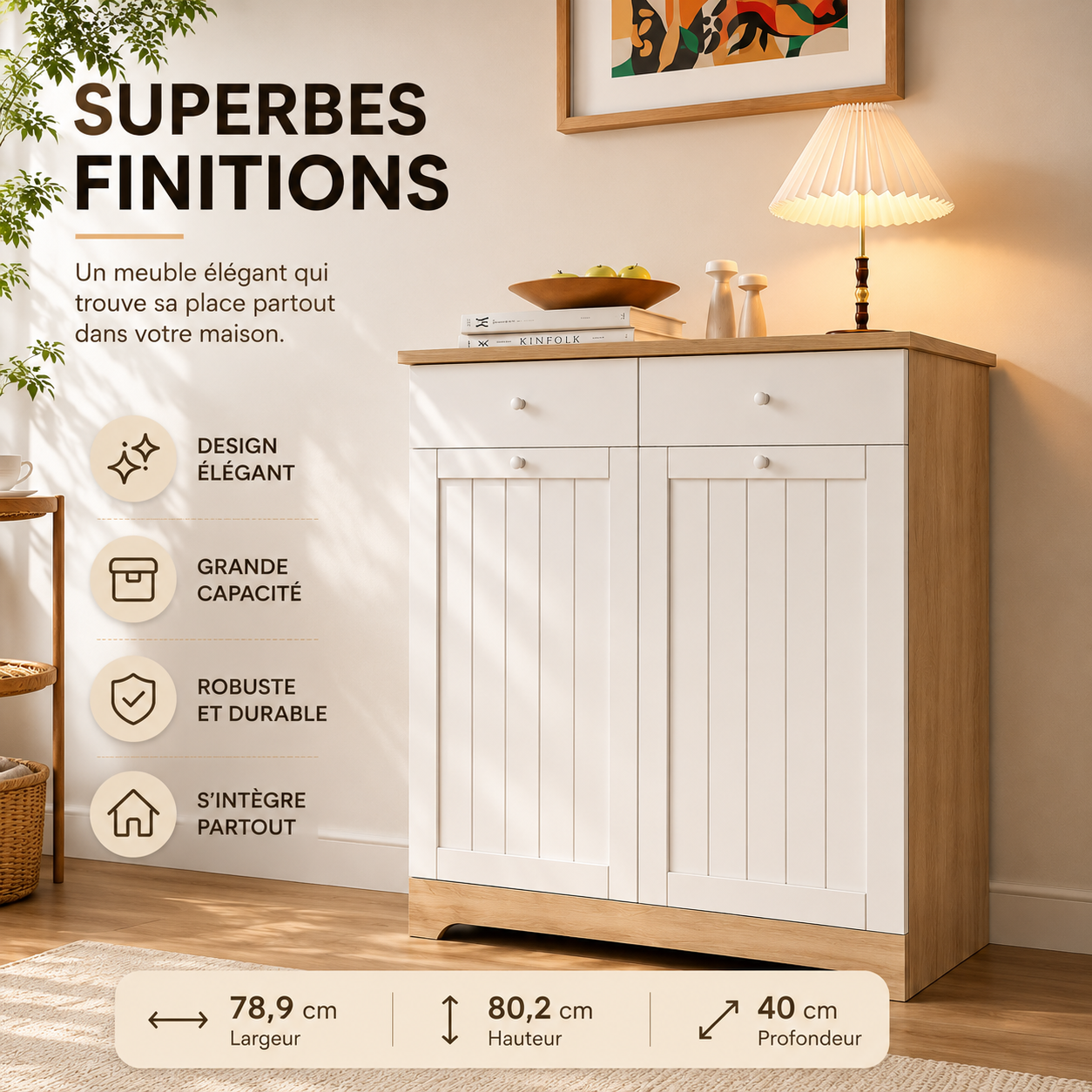 Meuble à Linge 45L, Armoire à Linge 2 Compartiments en Bois avec Paniers Amovibles