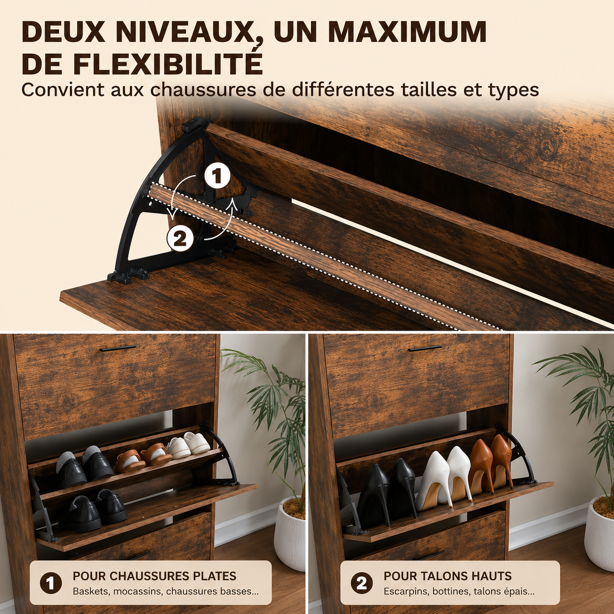 Meuble de Rangement à Chaussures - 18 Paires - 3 abattants - Dimensions : L60xP24xH80 cm - Couleur Rustique