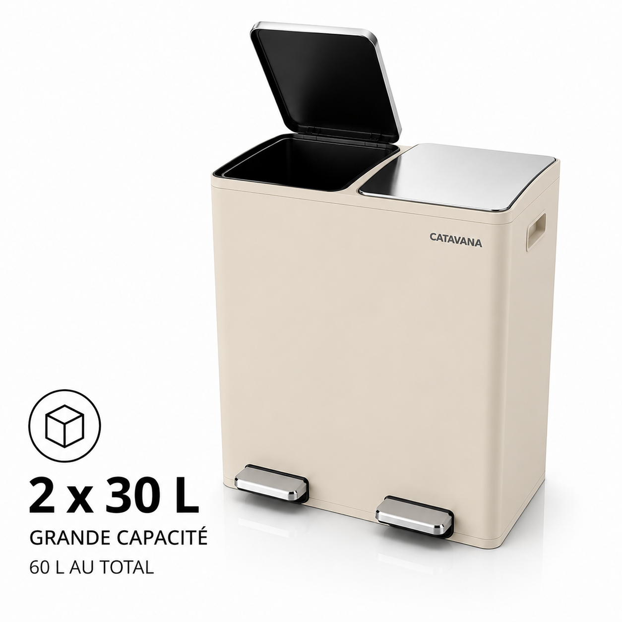 Poubelle Double Compartiment 2 x 30L, Pédales Métal, 2 Seaux Plastique, Fermeture Douceur, Hermétique