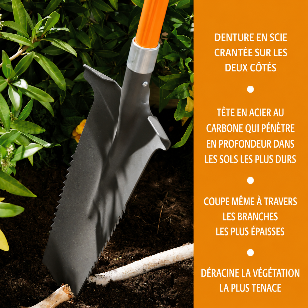 Bêche de Jardin avec Dents en Acier – Outil de Creusage et Ameublissement du Sol – Noir/Orange