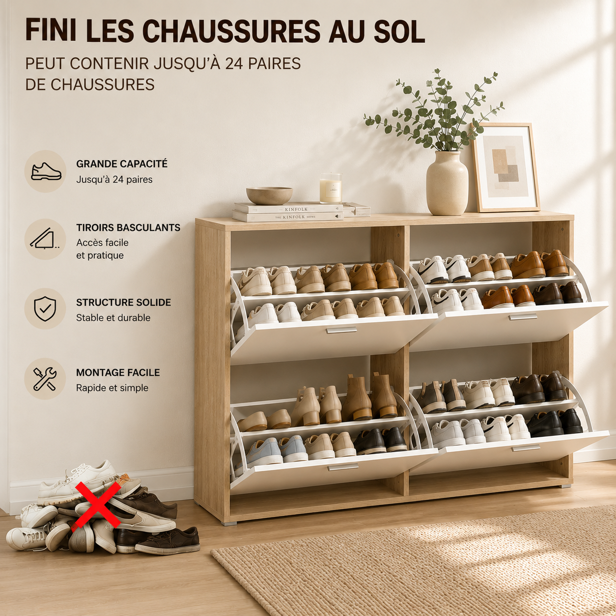 Meuble à Chaussures double 24 Paires 4 Abattants Ultra Slim 23,5 cm Rangement Entrée Bois clair et Blanc 118x23,5x75 cm