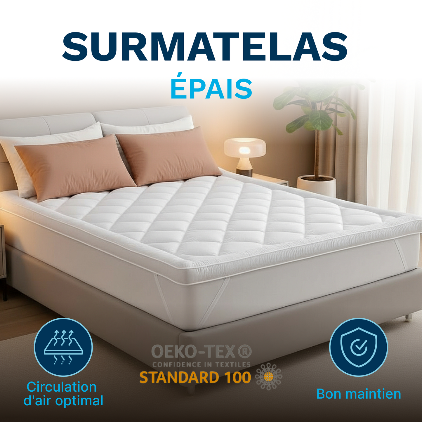 Surmatelas Confort 800gsm- Microfibre Respirante, Hypoallergénique, Anti-acariens - Antidérapant