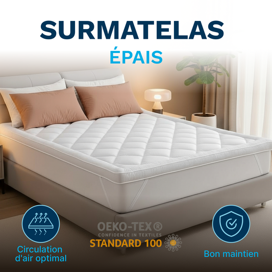 Surmatelas Confort 800gsm- Microfibre Respirante, Hypoallergénique, Anti-acariens - Antidérapant