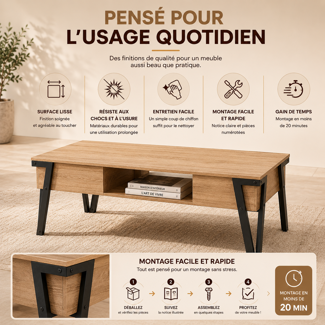 Table Basse Rectangulaire 110x55x45 cm – Acier Noir, Plateau Bois – Design Moderne pour Salon, Bureau ou Espace de Vie