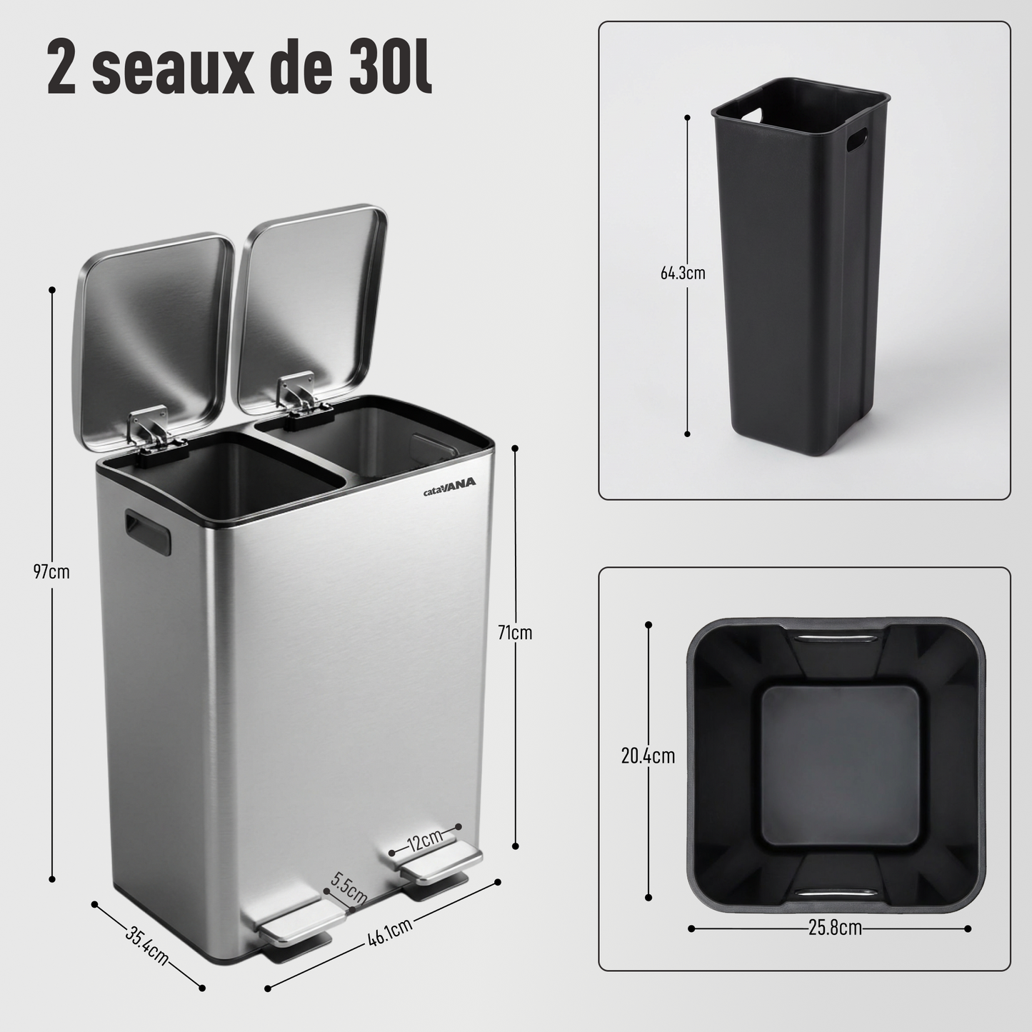Poubelle Double Compartiment 2 x 30L, Pédales Métal, 2 Seaux Plastique, Fermeture Douceur, Hermétique