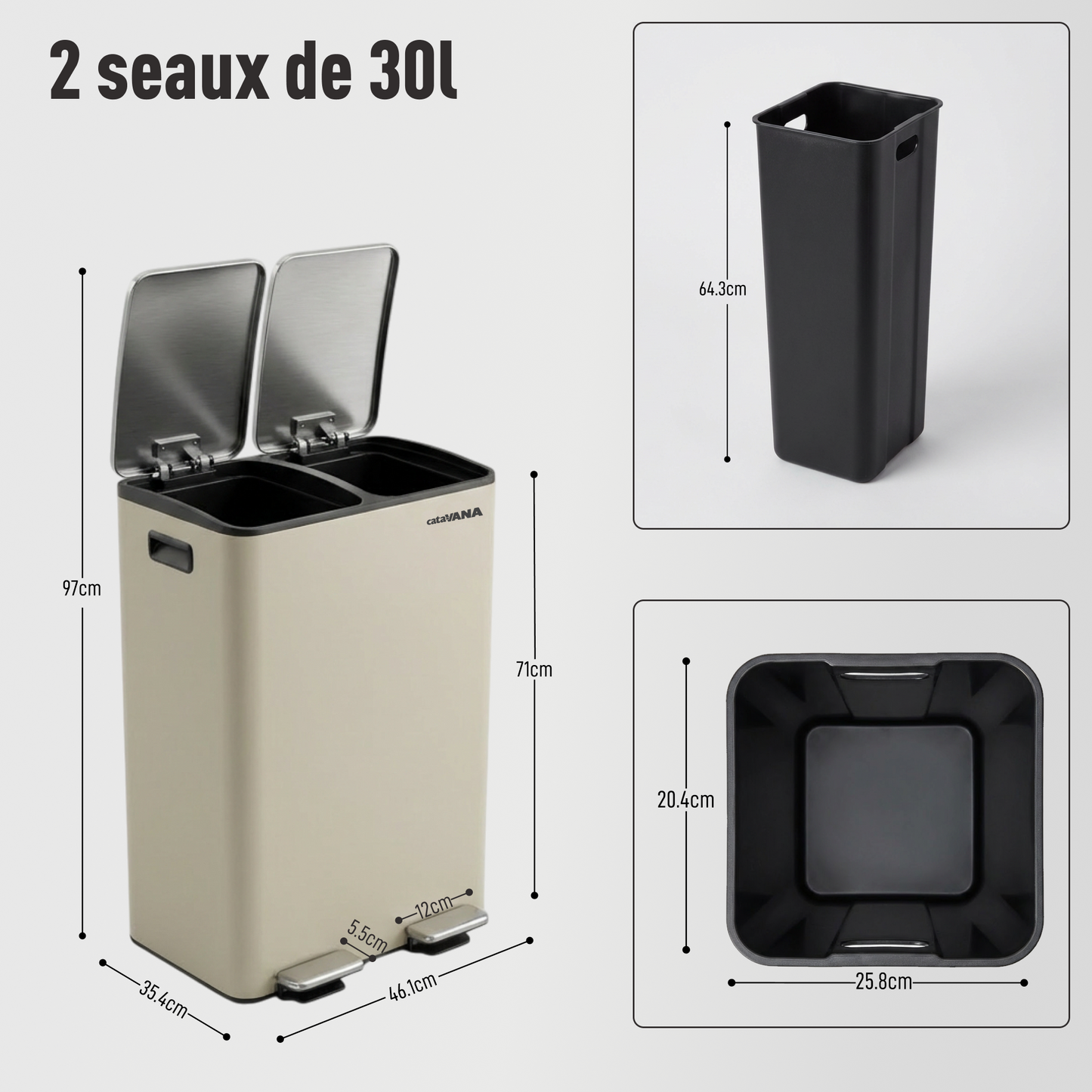 Poubelle Double Compartiment 2 x 30L, Pédales Métal, 2 Seaux Plastique, Fermeture Douceur, Hermétique