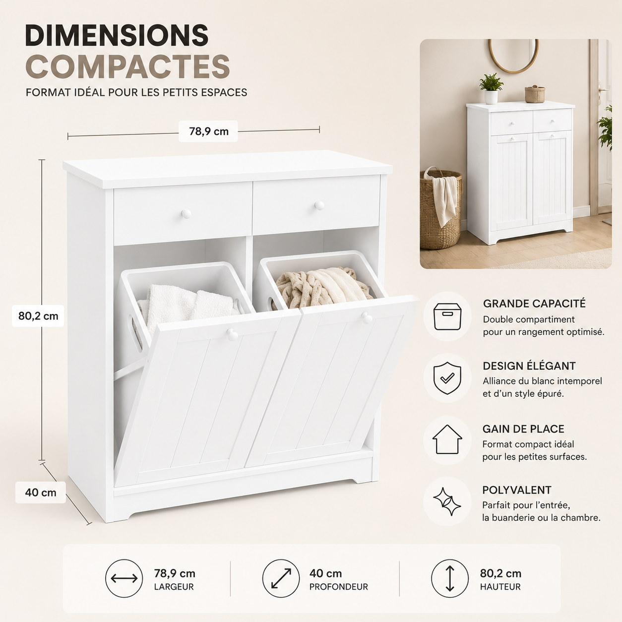 Meuble à Linge 45L, Armoire à Linge 2 Compartiments avec Paniers Amovibles couleur Bois Blanc