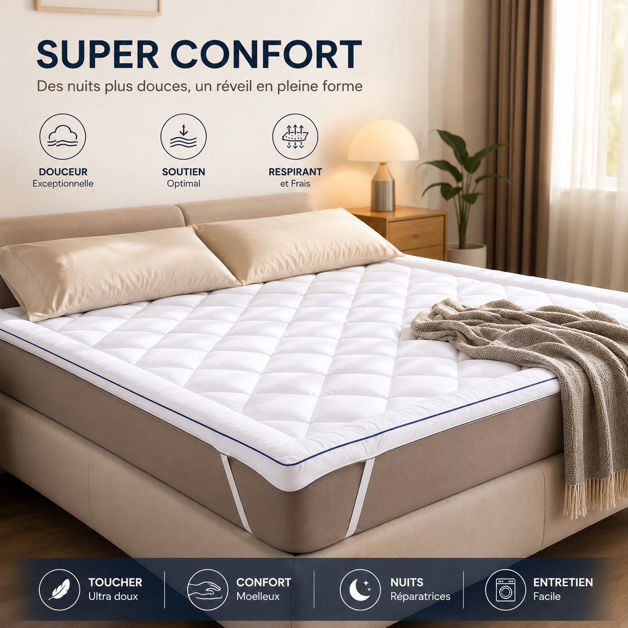 Surmatelas Confort 1000g - Microfibre Respirante, Hypoallergénique, Anti-acariens - Antidérapant