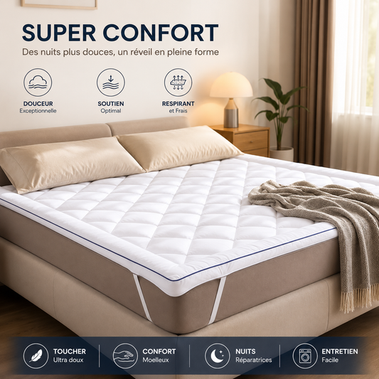 Surmatelas Confort 1000g - Microfibre Respirante, Hypoallergénique, Anti-acariens - Antidérapant