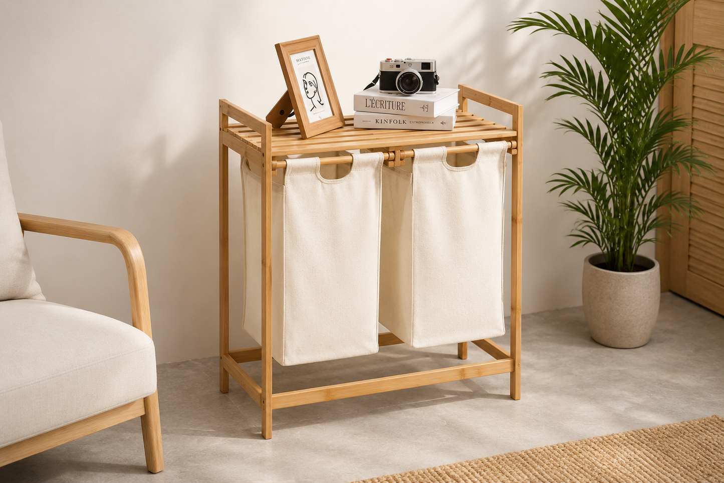 Panier a linge sur pied bambou - 2 Paniers a linge sale - Tissu Blanc - Corbeilles a linge - Salle de bain - 64x33x73cm