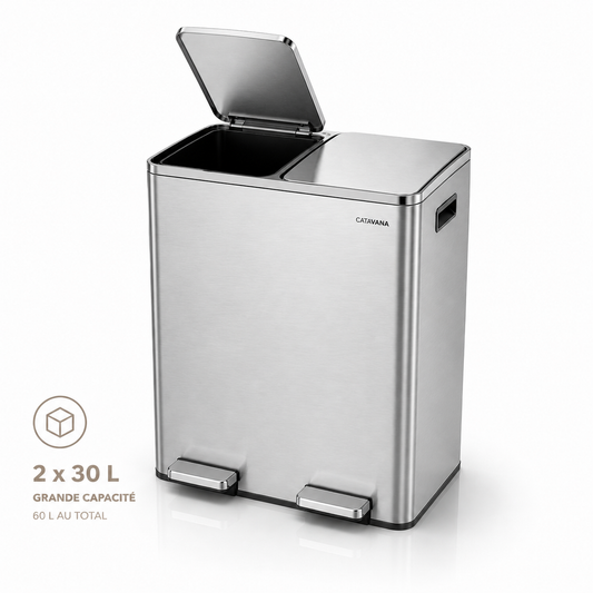 Poubelle Double Compartiment 2 x 30L, Pédales Métal, 2 Seaux Plastique, Fermeture Douceur, Hermétique
