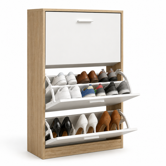 Meuble à Chaussures 2 Étagères 12 Paires Portes Blanches et Cadre Bois Clair (89.5 × 41 × 13 cm)
