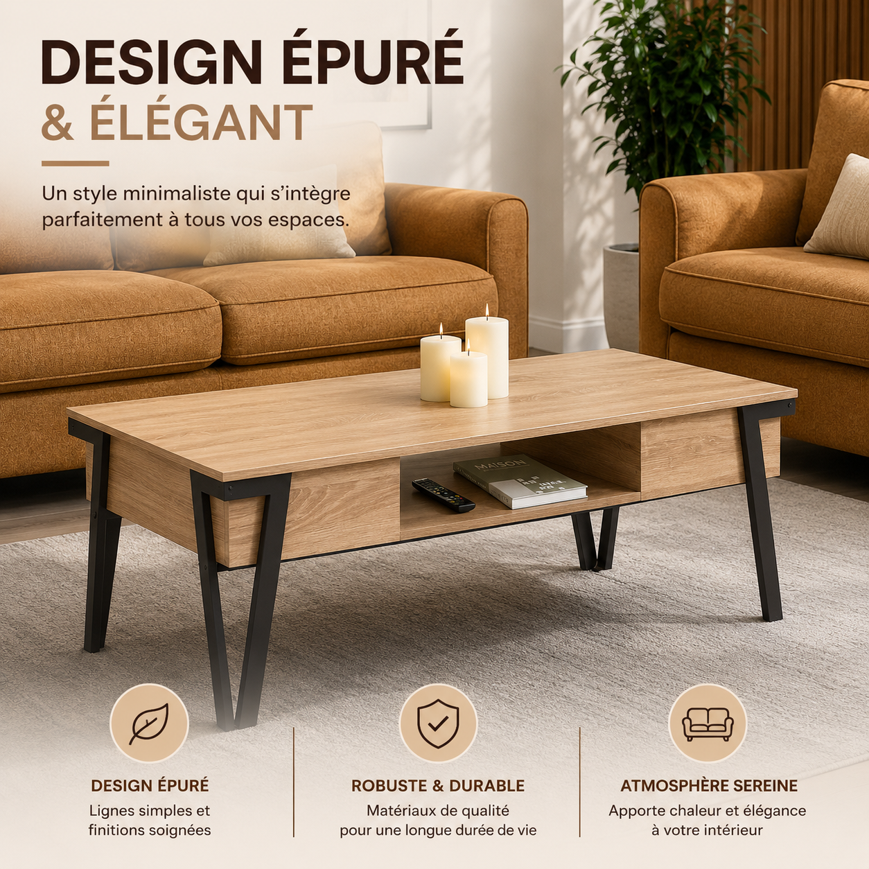 Table Basse Rectangulaire 110x55x45 cm – Acier Noir, Plateau Bois – Design Moderne pour Salon, Bureau ou Espace de Vie