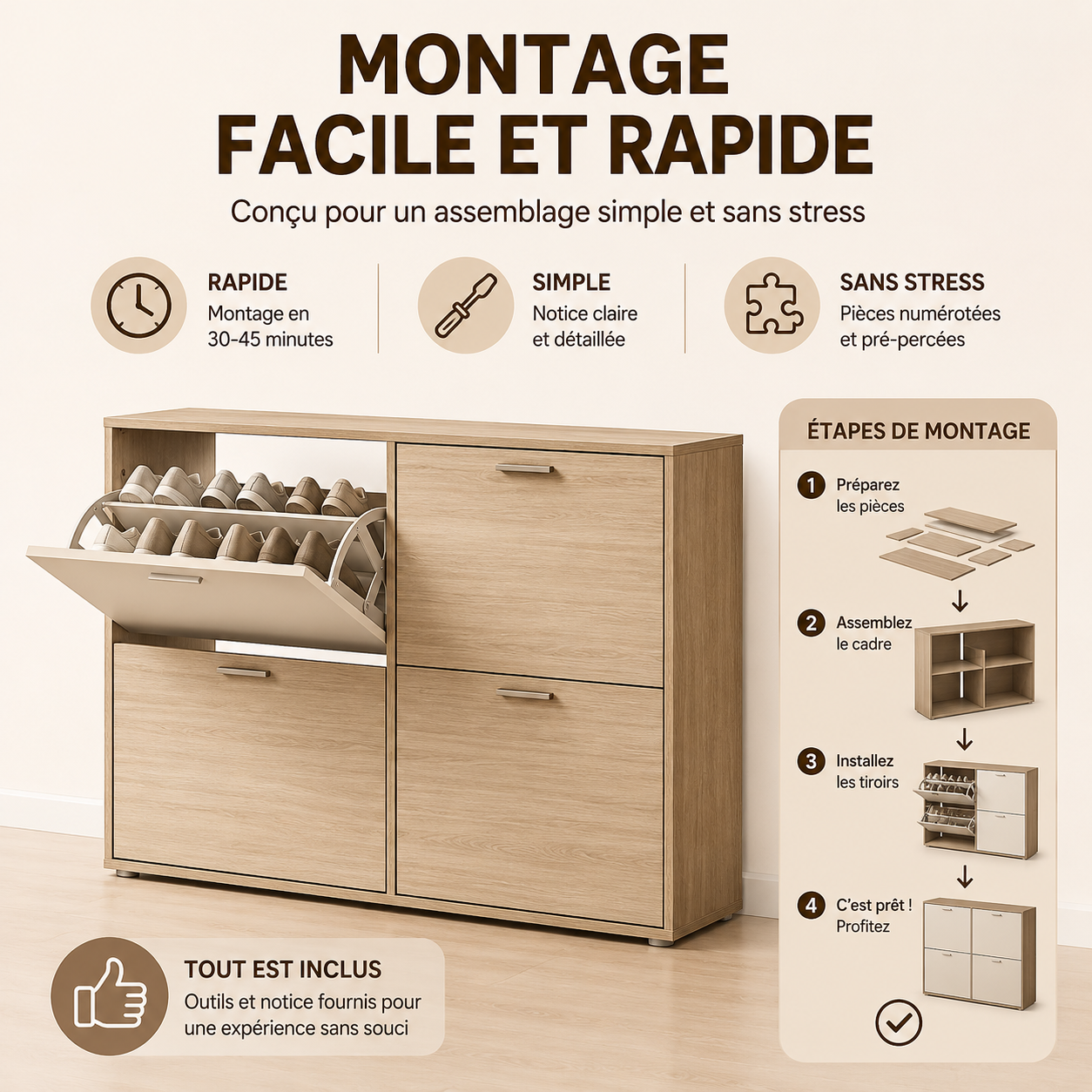 Meuble à Chaussures double 24 Paires 4 Abattants Ultra Slim 23,5 cm Gain de Place Entrée Bois Clair 118x23,5x75 cm