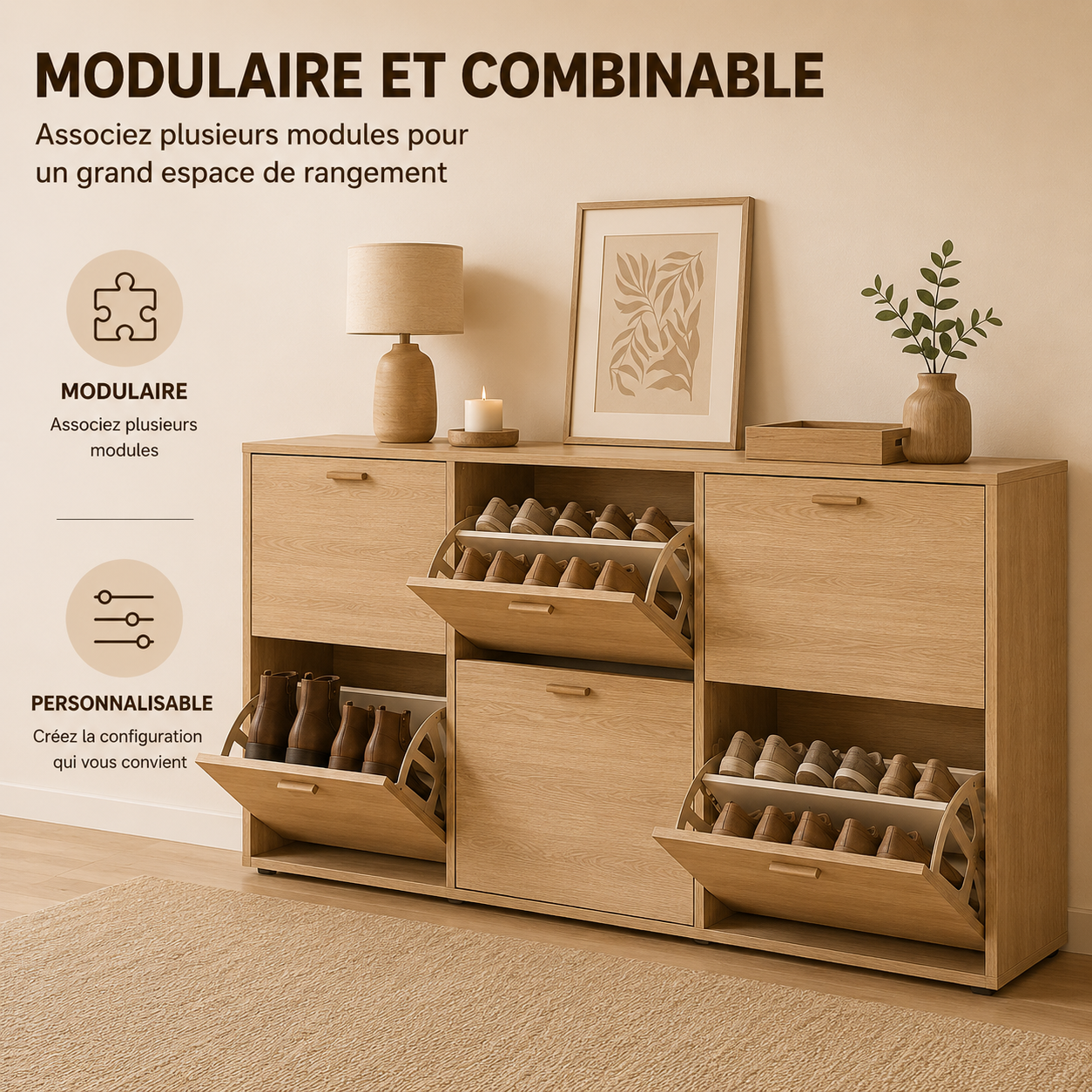 Meuble à Chaussures double 24 Paires 4 Abattants Ultra Slim 23,5 cm Gain de Place Entrée Bois Clair 118x23,5x75 cm
