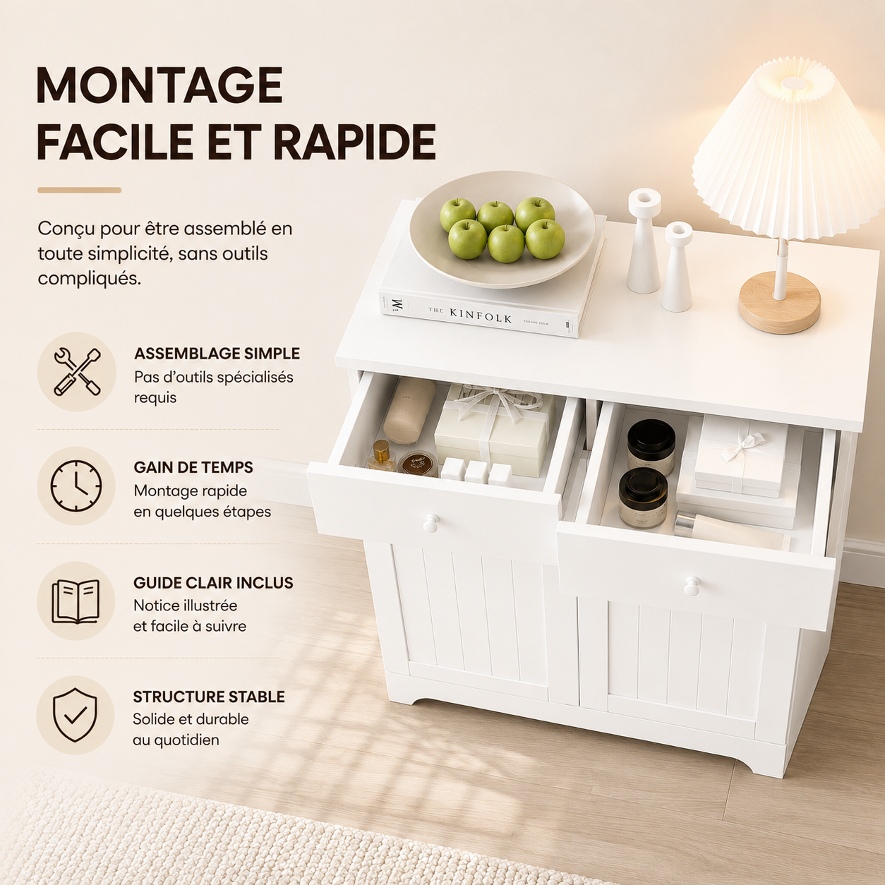 Meuble à Linge 45L, Armoire à Linge 2 Compartiments avec Paniers Amovibles couleur Bois Blanc