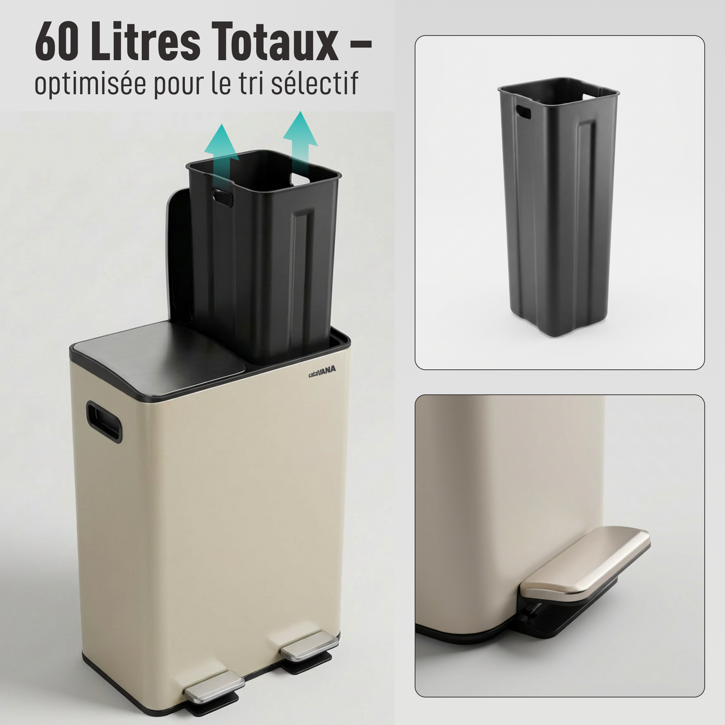 Poubelle Double Compartiment 2 x 30L, Pédales Métal, 2 Seaux Plastique, Fermeture Douceur, Hermétique