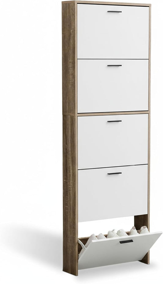 Meuble de Rangement à Chaussures - 15 Paires - 5 abattants - L60xP24xH180 cm - Portes Blanches et Cadre Bois Clair