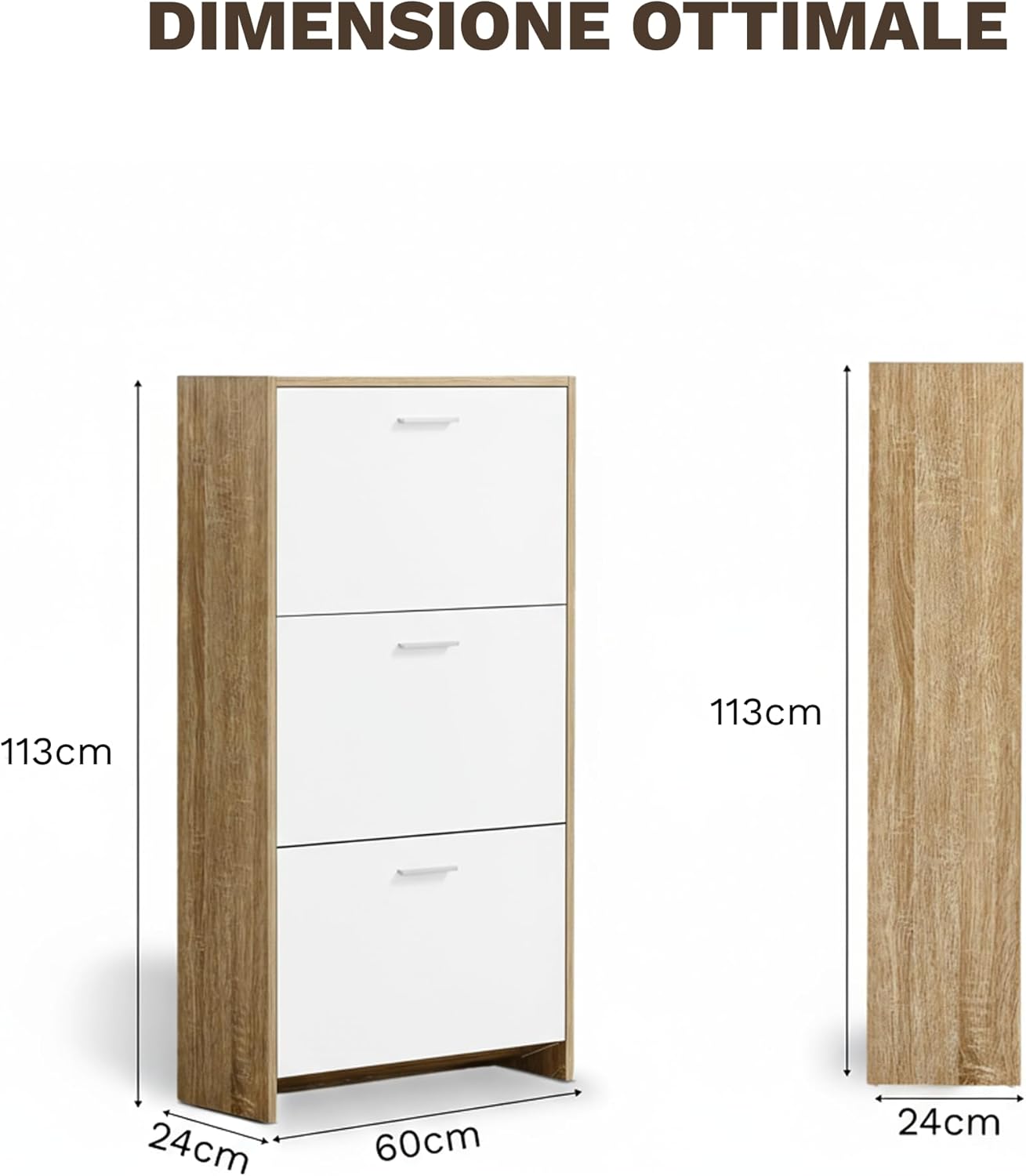 Meuble de Rangement à Chaussures - 18 Paires - 3 abattants - Dimensions : L60xP24x1130 cm - Bois Blanc