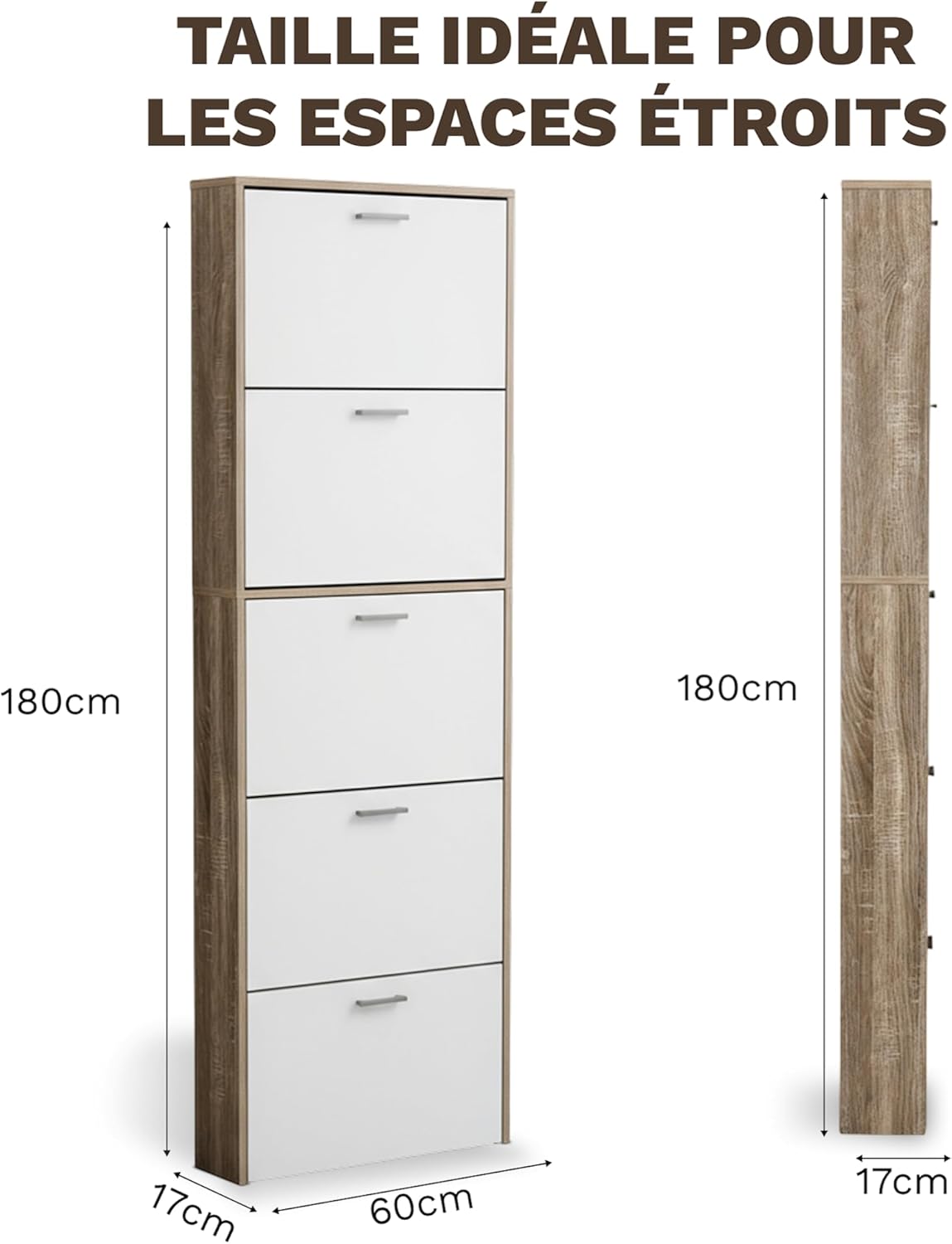 Meuble de Rangement à Chaussures - 15 Paires - 5 abattants - L60xP24xH180 cm - Portes Blanches et Cadre Bois Clair