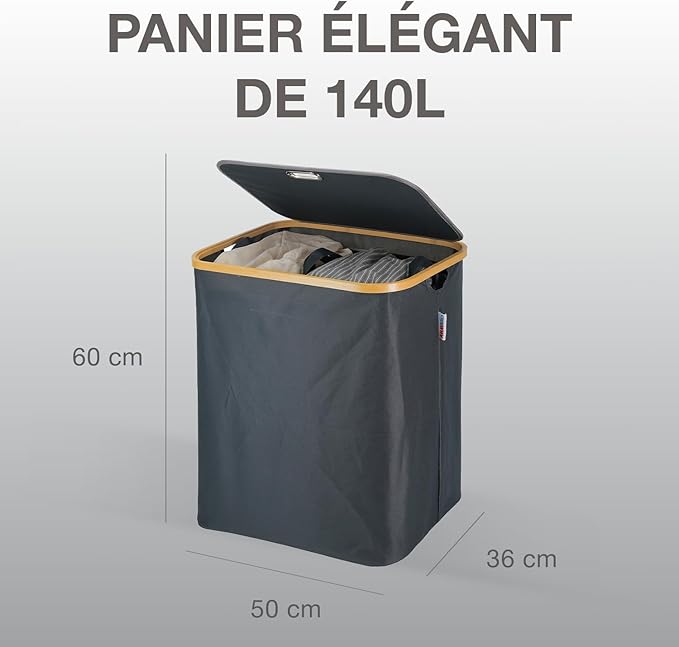 Panier à Linge en Bambou Noir avec Couvercle – Corbeille à Linge 140 L avec Double Sacs et Poignées