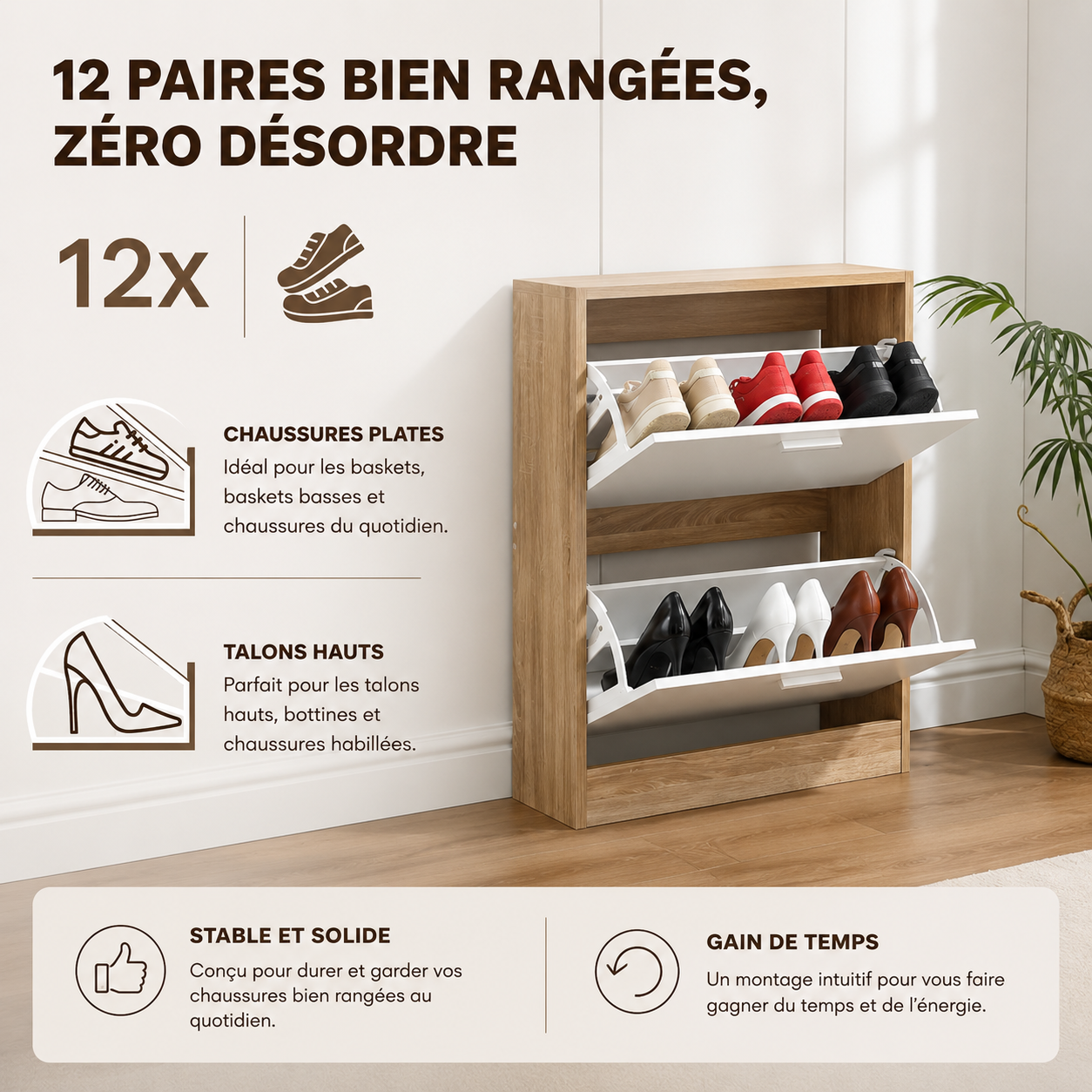 Meuble à Chaussures 2 Étagères 12 Paires Portes Blanches et Cadre Bois Clair (89.5 × 41 × 13 cm)