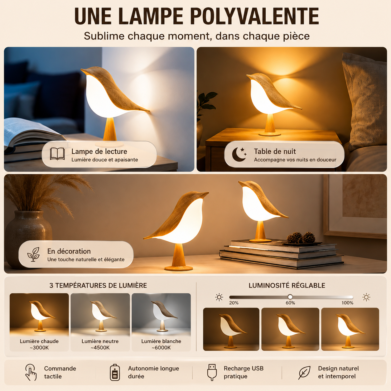 Lot de 2 Lampes de Nuit Tactiles Oiseau - LED - 6W, 3 Couleurs Ajustables - ABS+PC - Autonomie 8-10h - Blanc