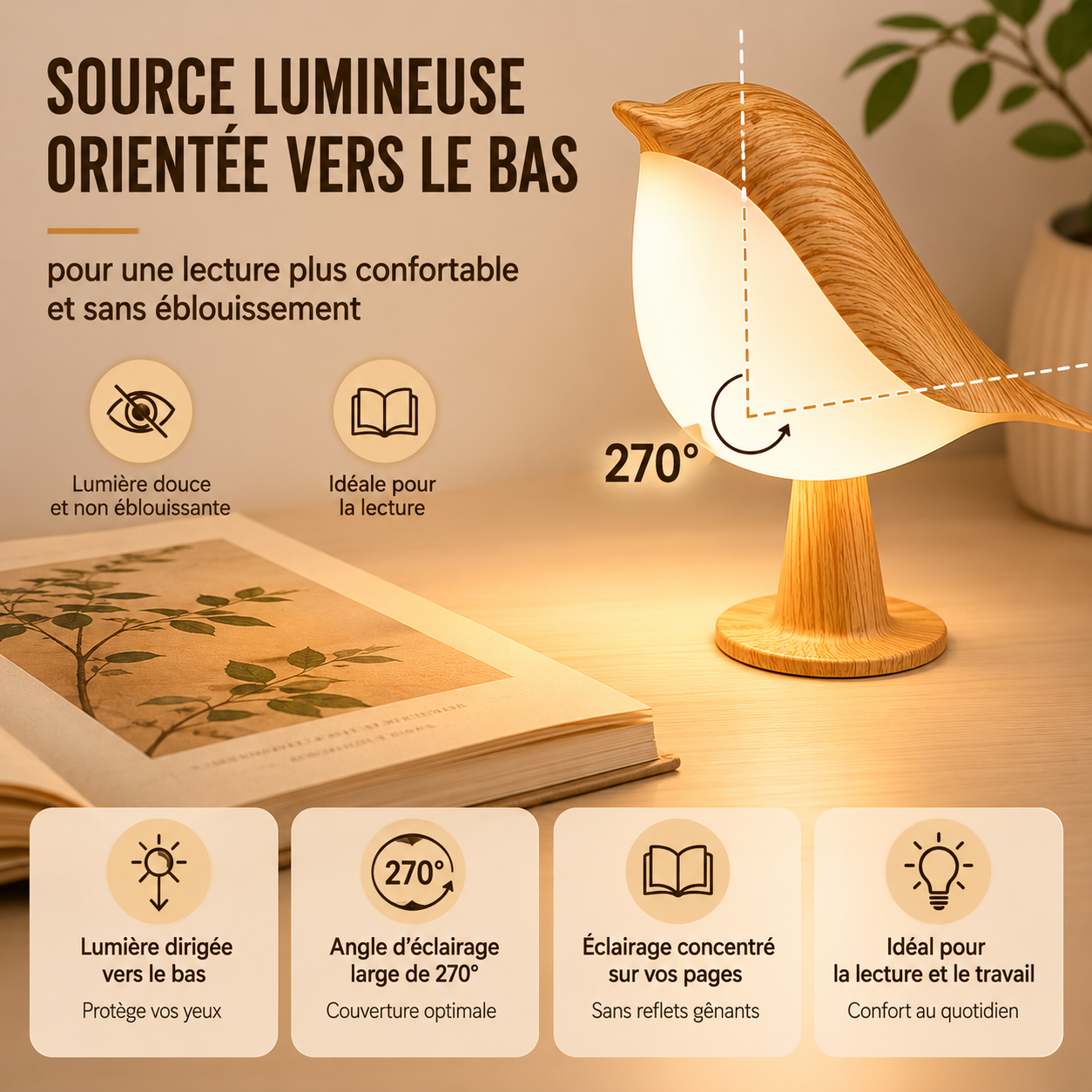 Lot de 2 Lampes de Nuit Tactiles Oiseau - LED - 6W, 3 Couleurs Ajustables - ABS+PC - Autonomie 8-10h - Blanc